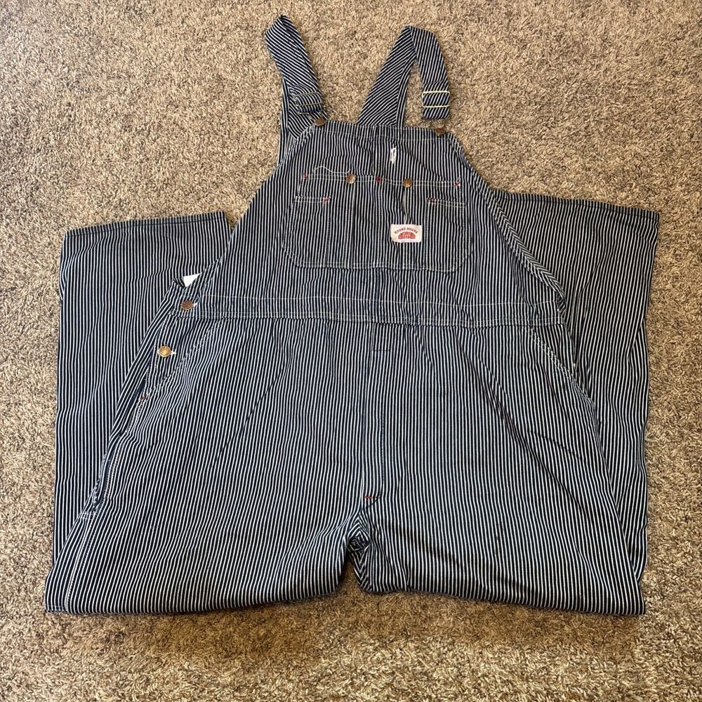 Round House Bib Overalls Made In USA Hickory Stripe Engineer 46x29 Mens Vintage